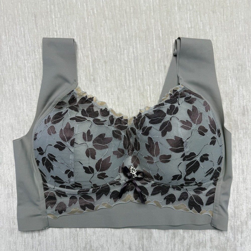 Wide Strap T-Shirt Bra XL Gray Floral Lace Stretch Wireless Full Coverage Padded
